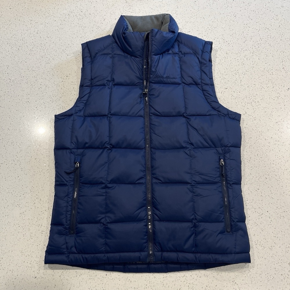 Eddie Bauer Goose Down Vest Mens S Navy Blue Quilted Puffer Outdoors Full Zip